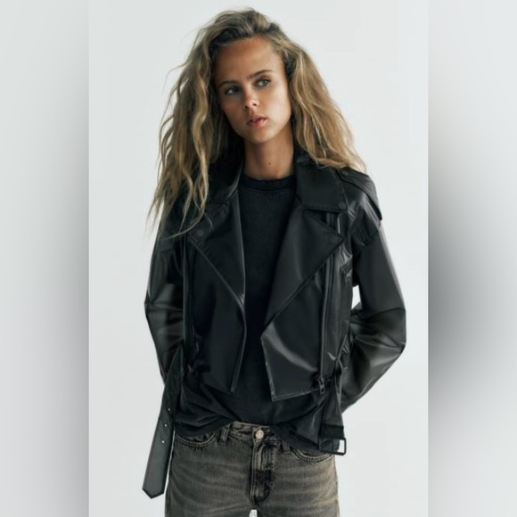 ZARA TRANSPARENT CROPPED RAIN COAT BIKER - Picture 3 of 9